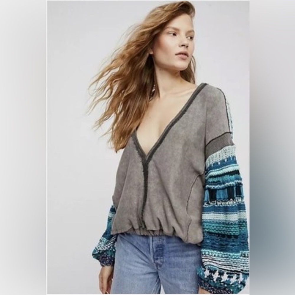 Free People Reminiscent Crochet Sleeves Pullover Blue and Gray Sweater XS